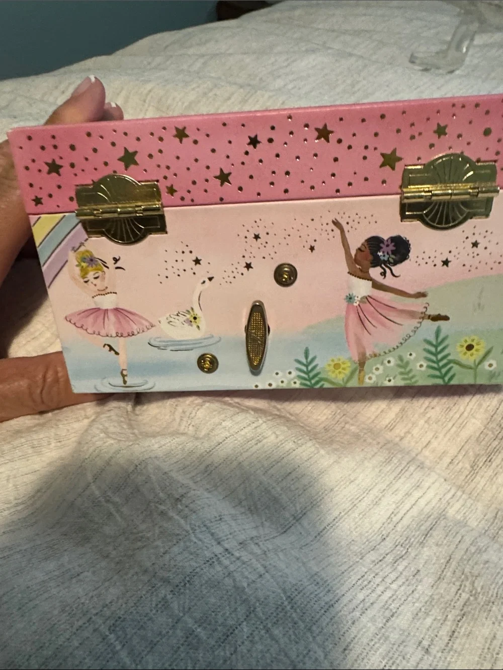 Girls' Pink Swan Music Jewelry Box with Gold Accents